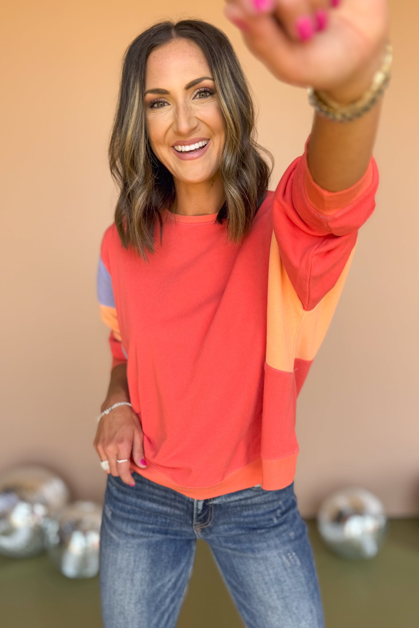 Coral Colorblock Terry Knit Pullover, fall fashion, fall pullover, elevated fashion, must have style, must have pullover, colorblock top, mom style, mom pullover, ssys by mallory fitzsimmons