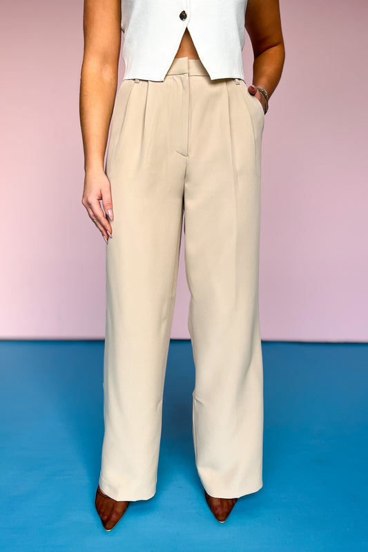 Khaki High Waist Front Pleat Wide Leg Pants, hidden button, belt loops, zipper, sophisticated, work pants, date night, formal pants, ssys by mallory fitzsimmons