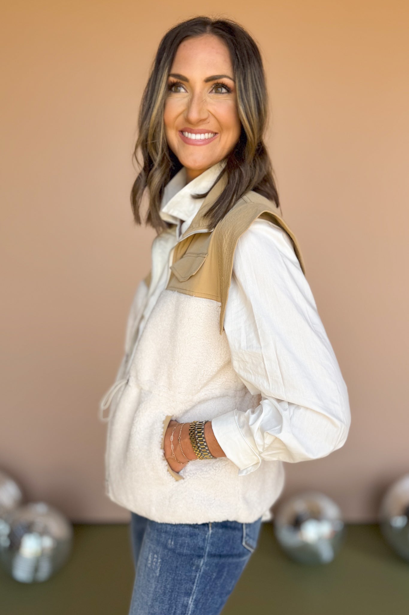 Ivory Fleece Tariet Drawstring Waist Vest, must have vest, chic vest, elevated vest, fall style, fall fashion, mom style, mom fashion, must have vest, ssys by mallory fitzsimmons