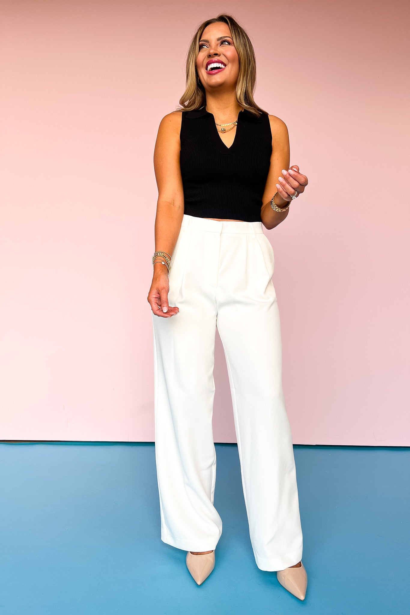 Cream High Waist Front Pleat Wide Leg Pants, hidden button, belt loops, zipper, sophisticated, work pants, date night, formal pants, ssys by mallory fitzsimmons