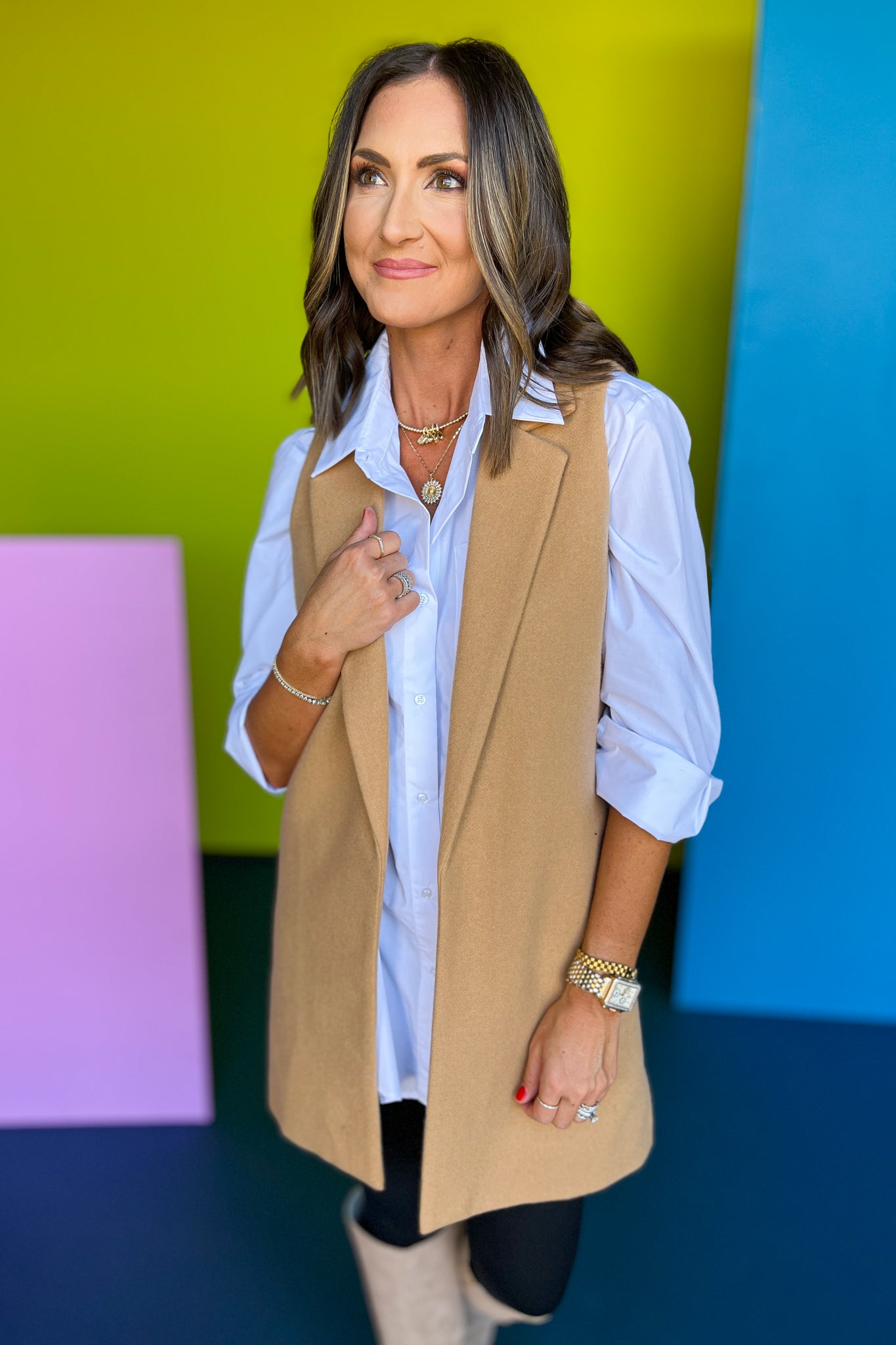 SSYS The Ivy Longline Vest In Taupe, ssys fall collection, ssys fall, fall style, fall outfit, must have fall, elevated fall, mom style, office style, office outfit, fall vest, elevated vest, ssys vest, ssys by mallory fitzsimmons