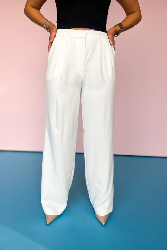 Cream High Waist Front Pleat Wide Leg Pants, hidden button, belt loops, zipper, sophisticated, work pants, date night, formal pants, ssys by mallory fitzsimmons