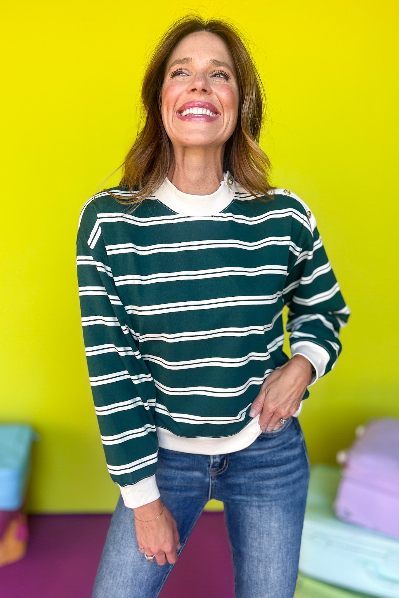 Green Stripe Gold Button Detail Top