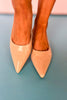 Beige Patent Heel Strap Low Heels, ssys by mallory fitzsimmons