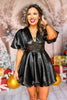 Black V Neck Short Puff Sleeve Balloon Skirt Dress