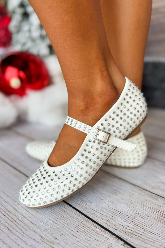 White Rhinestone Buckle Strap Ballet Flat Shoes *FINAL SALE*