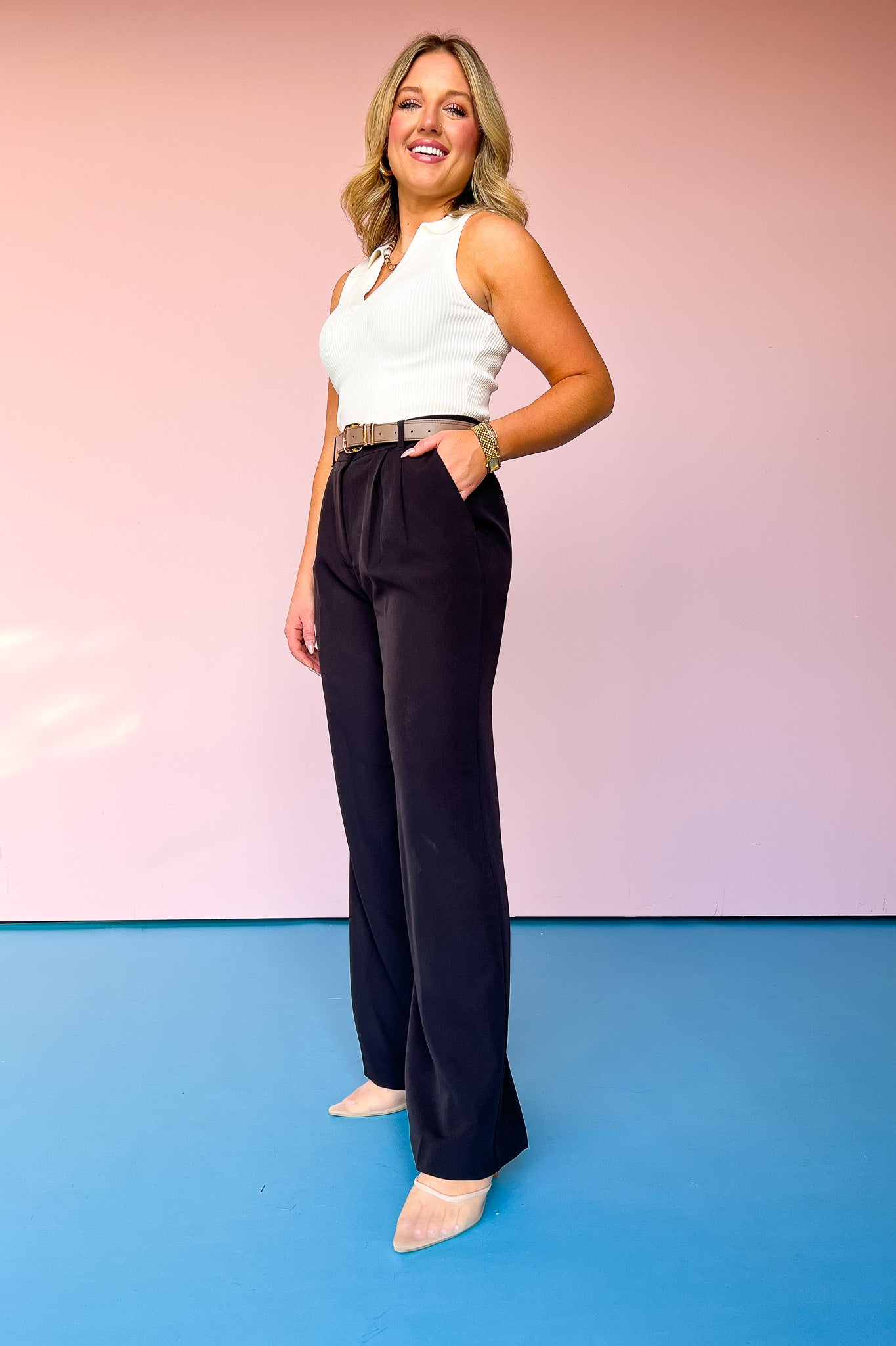 Black High Waist Front Pleat Wide Leg Pants, hidden button, belt loops, zipper, sophisticated, work pants, date night, formal pants, ssys by mallory fitzsimmons