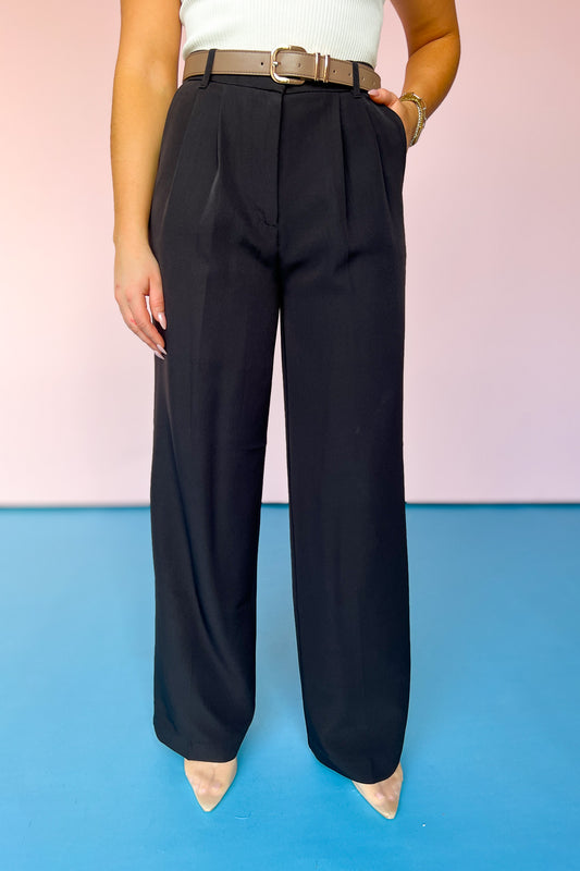 Black High Waist Front Pleat Wide Leg Pants, hidden button, belt loops, zipper, sophisticated, work pants, date night, formal pants, ssys by mallory fitzsimmons