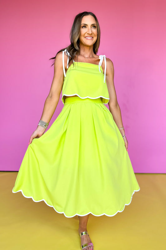 Lime Pleat Front Scallop Hem Midi Skirt *FINAL SALE*