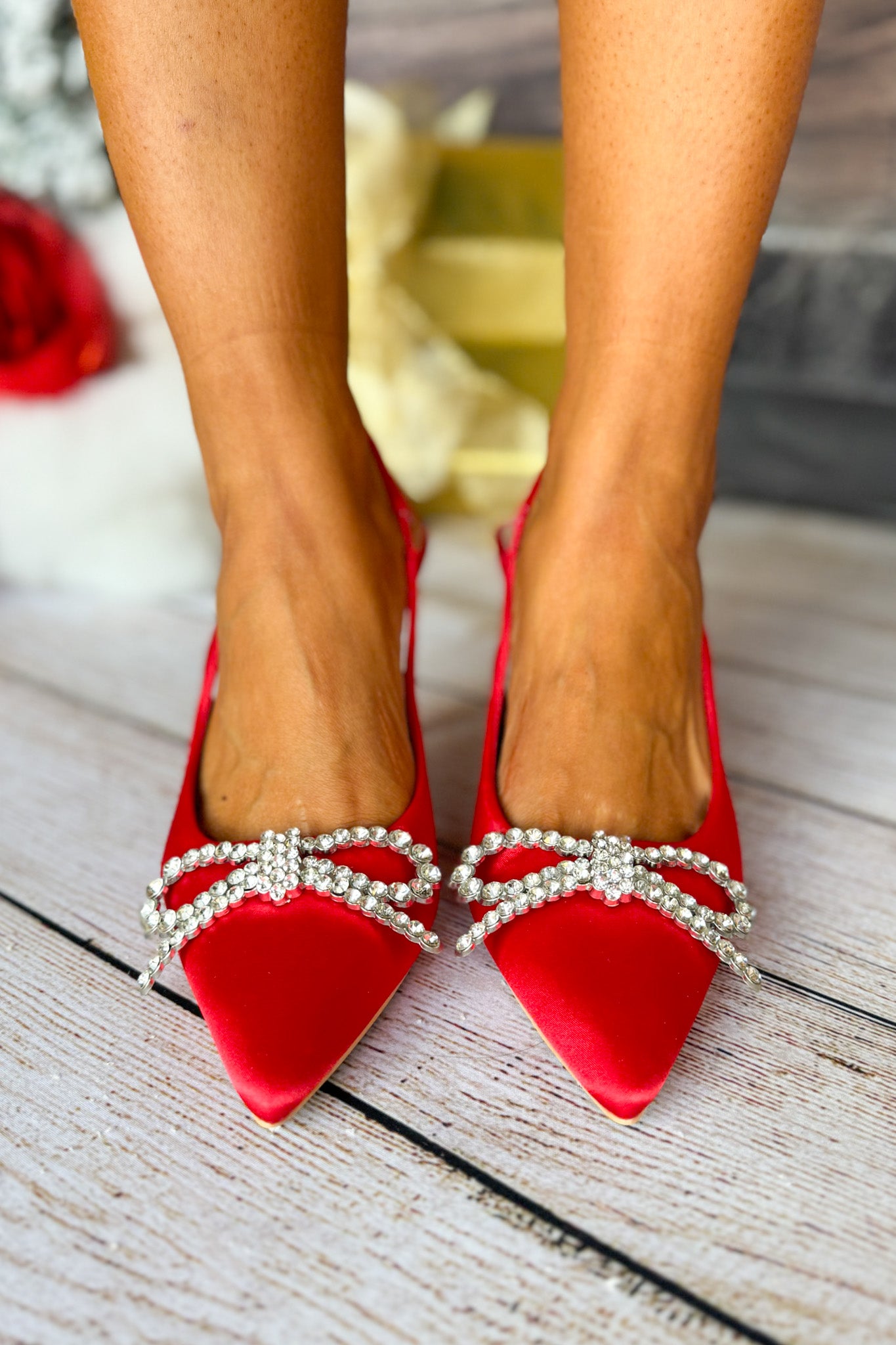 Red Diamond Bow Detail Slingback Heels *FINAL SALE*