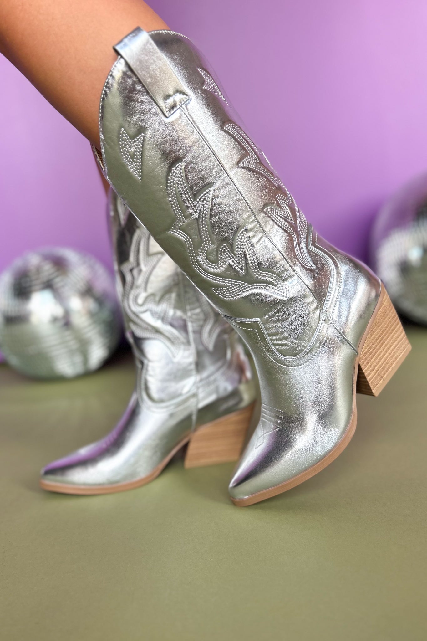  Silver Metallic Embroidered Western Boots, shoes, boots, must have boots, elevated style, metallic boots, concert style, gameday style, ssys by mallory fitzsimmons