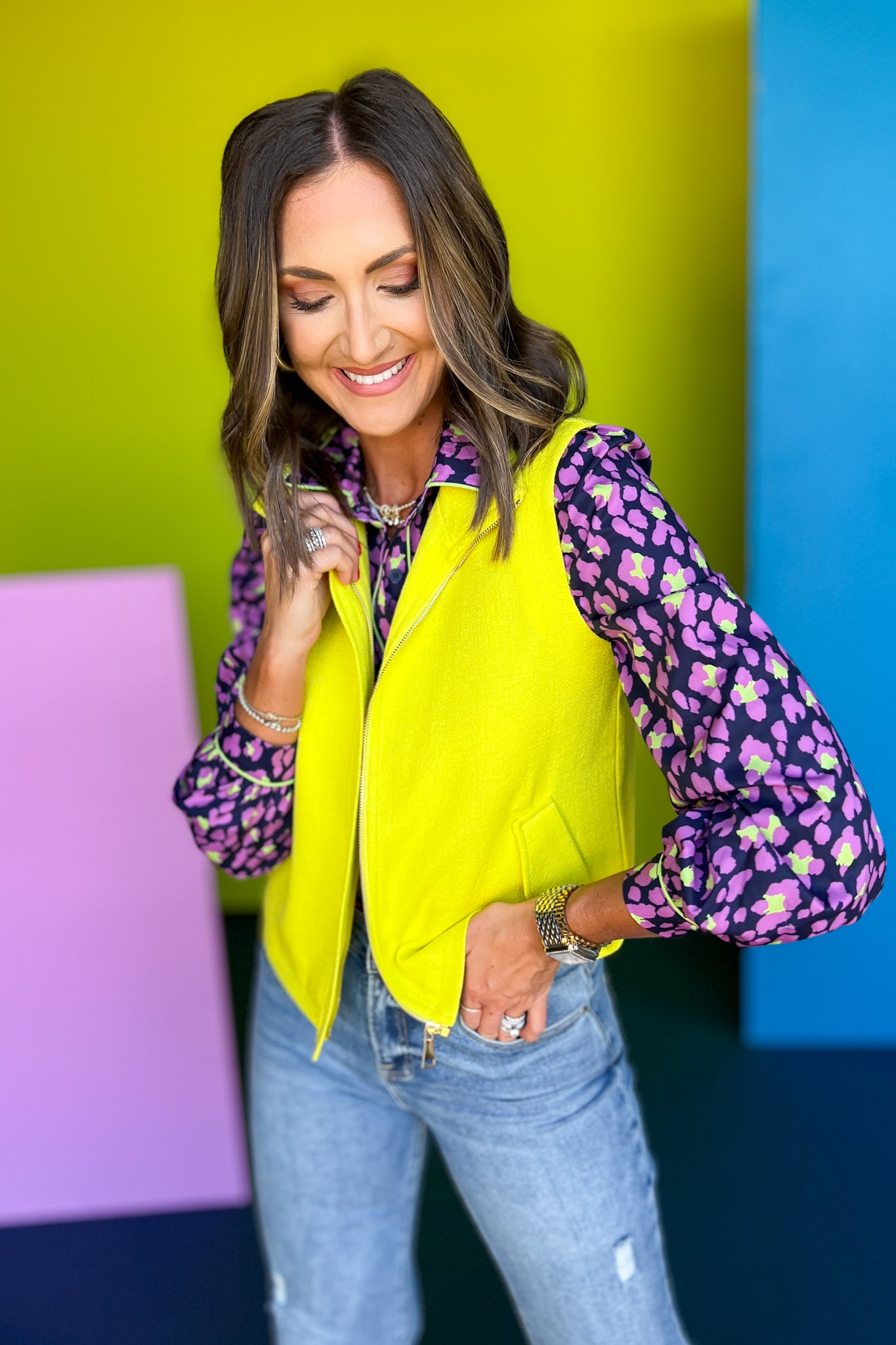  SSYS The Rory Zip Up Vest In Neon Yellow, ssys fall collection, ssys fall, fall style, fall outfit, must have fall, elevated fall, mom style, office style, office outfit, fall vest, elevated vest, ssys vest, ssys by mallory fitzsimmons