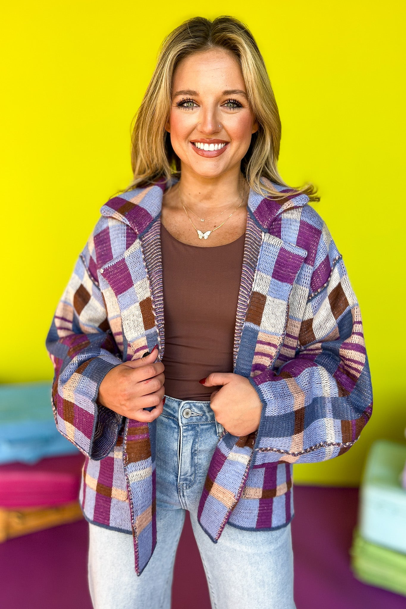 Blue Colorblock Plaid Collared Sweater Jacket