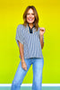Navy Seersucker Contrast Stripe Collar Neckline Top *FINAL SALE*