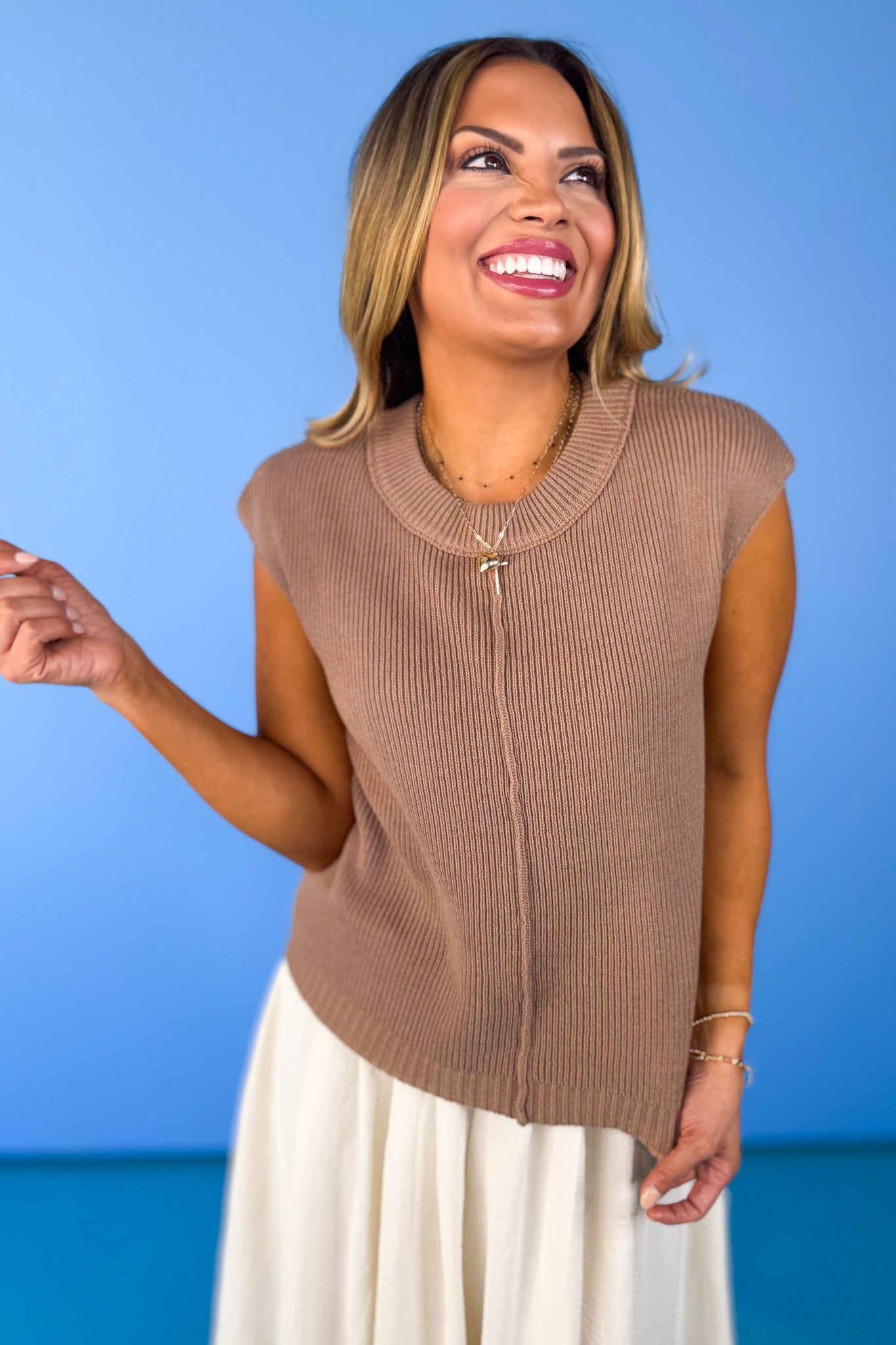 Tan Ribbed Crew Neck Sweater Top, work top, church top, everyday wear, ssys by mallory fitzsimmons