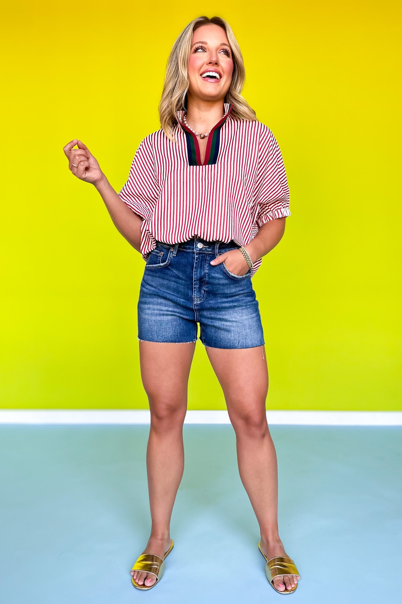 Rust Seersucker Contrast Stripe Collar Neckline Top *FINAL SALE*
