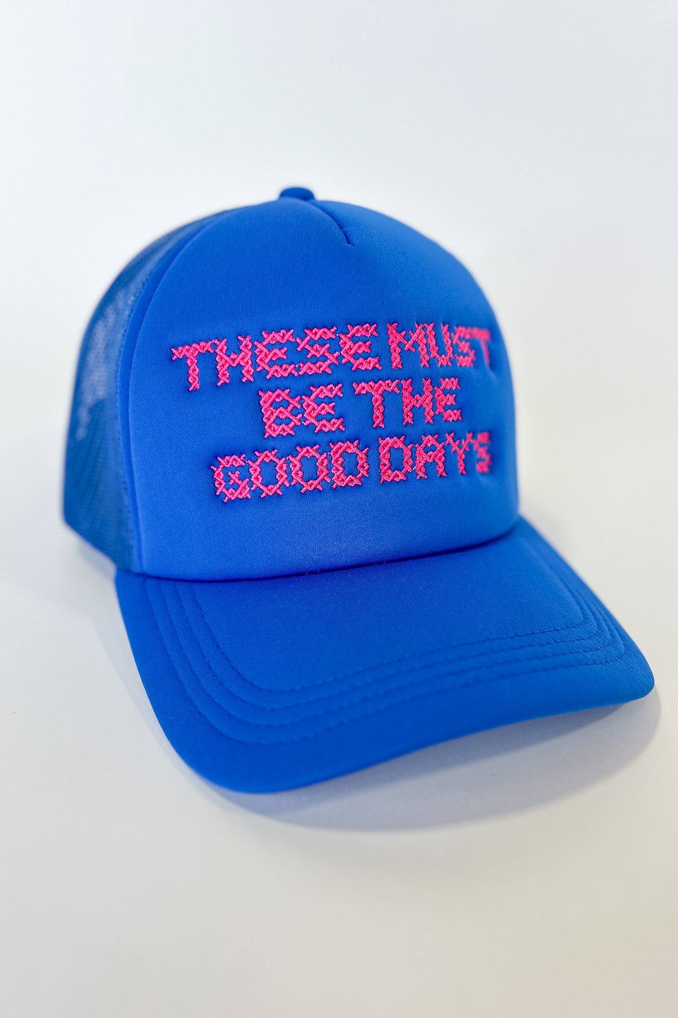 Blue Embroidered These Must Be The Good Days Hat, accessory, hat, must have hat, trucker hat, trendy hat, elevated hat, ssys by mallory fitzsimmons