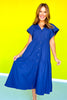 Navy Button Front Flutter Sleeve Midi Dress