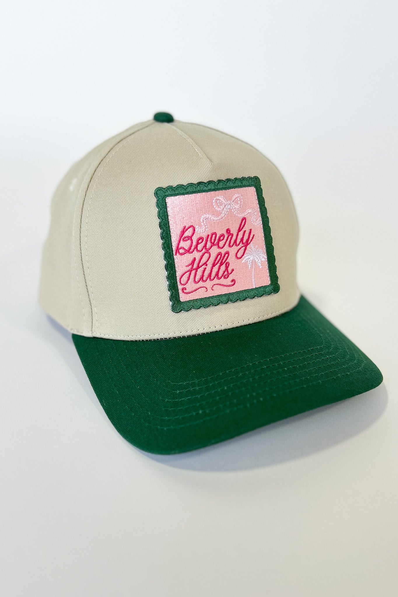 Green Embroidered Beverly Hills Hat, accessory, hat, trucker hat, elevated hat, must have hat, trendy hat, ssys by mallory fitzsimmons