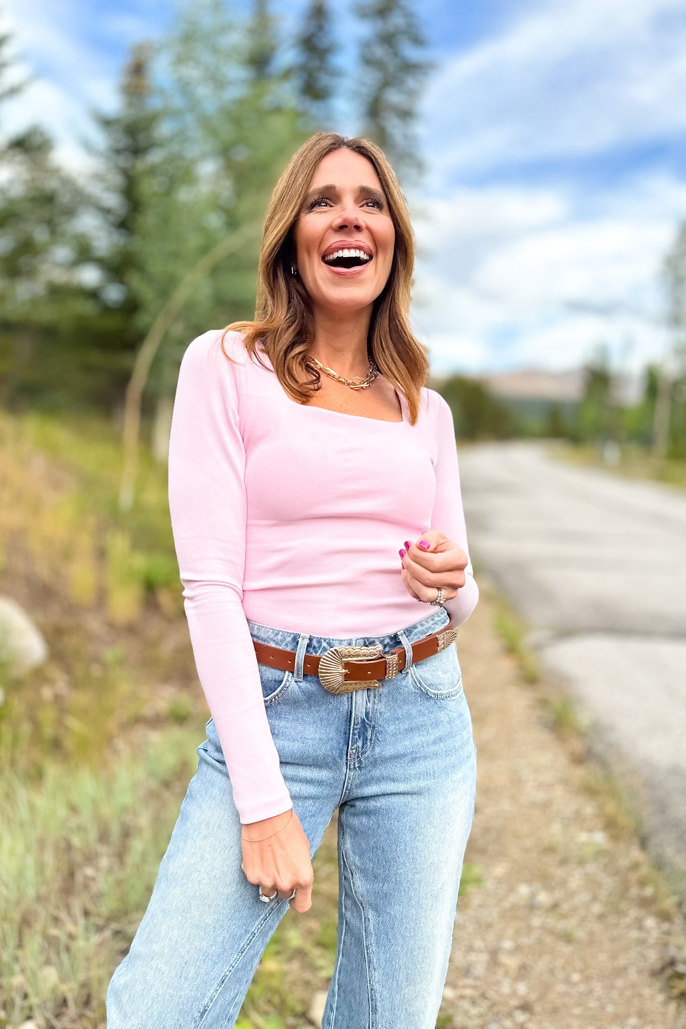SSYS Ribbed Square Neck Long Sleeve Top In Ice Pink
