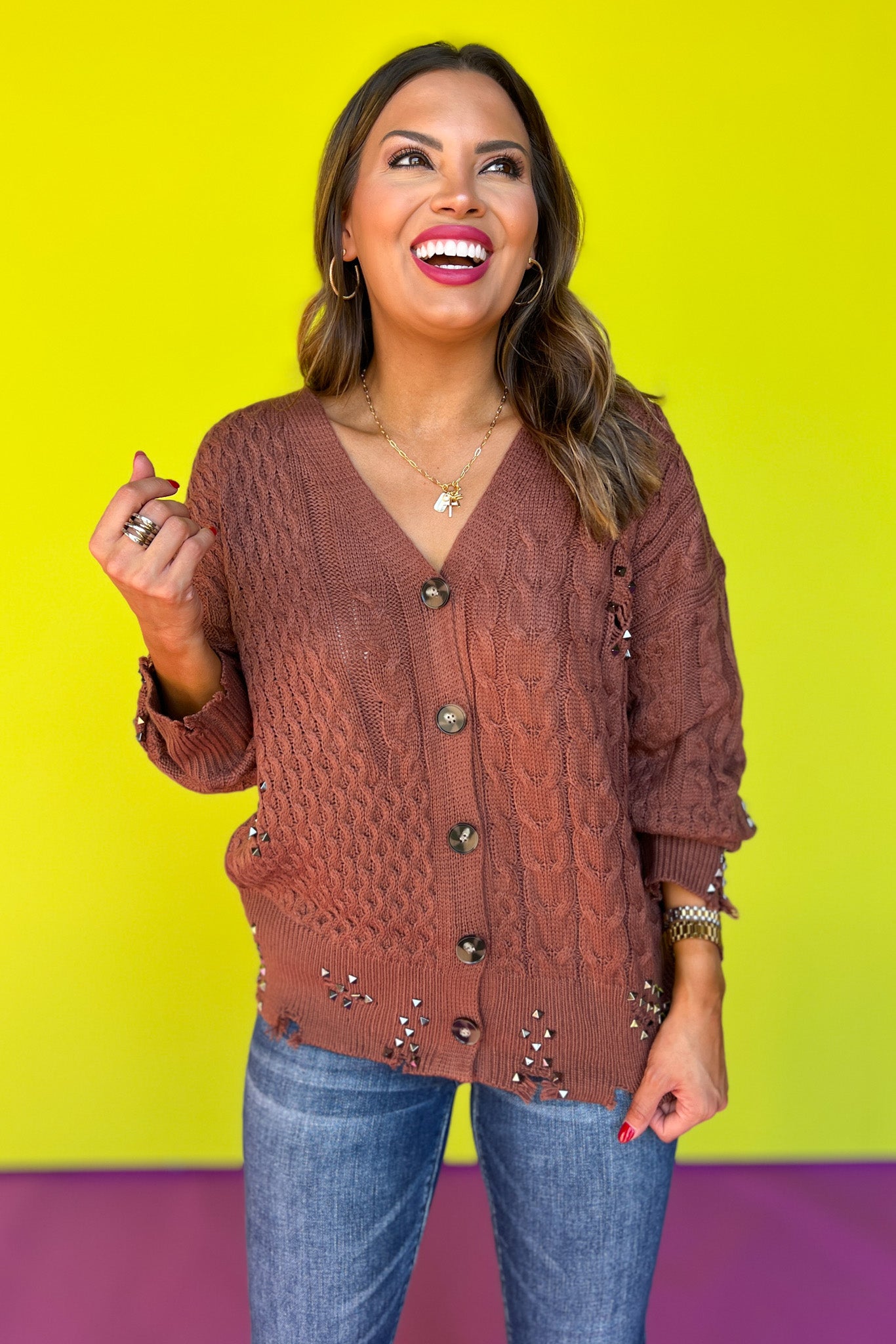 Brown Cable Knit Distressed Stud Embellished Cardigan