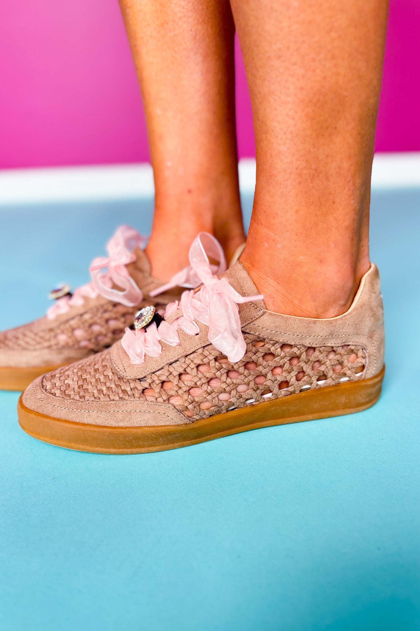 Beige Suede Woven Panel Sneakers *FINAL SALE*