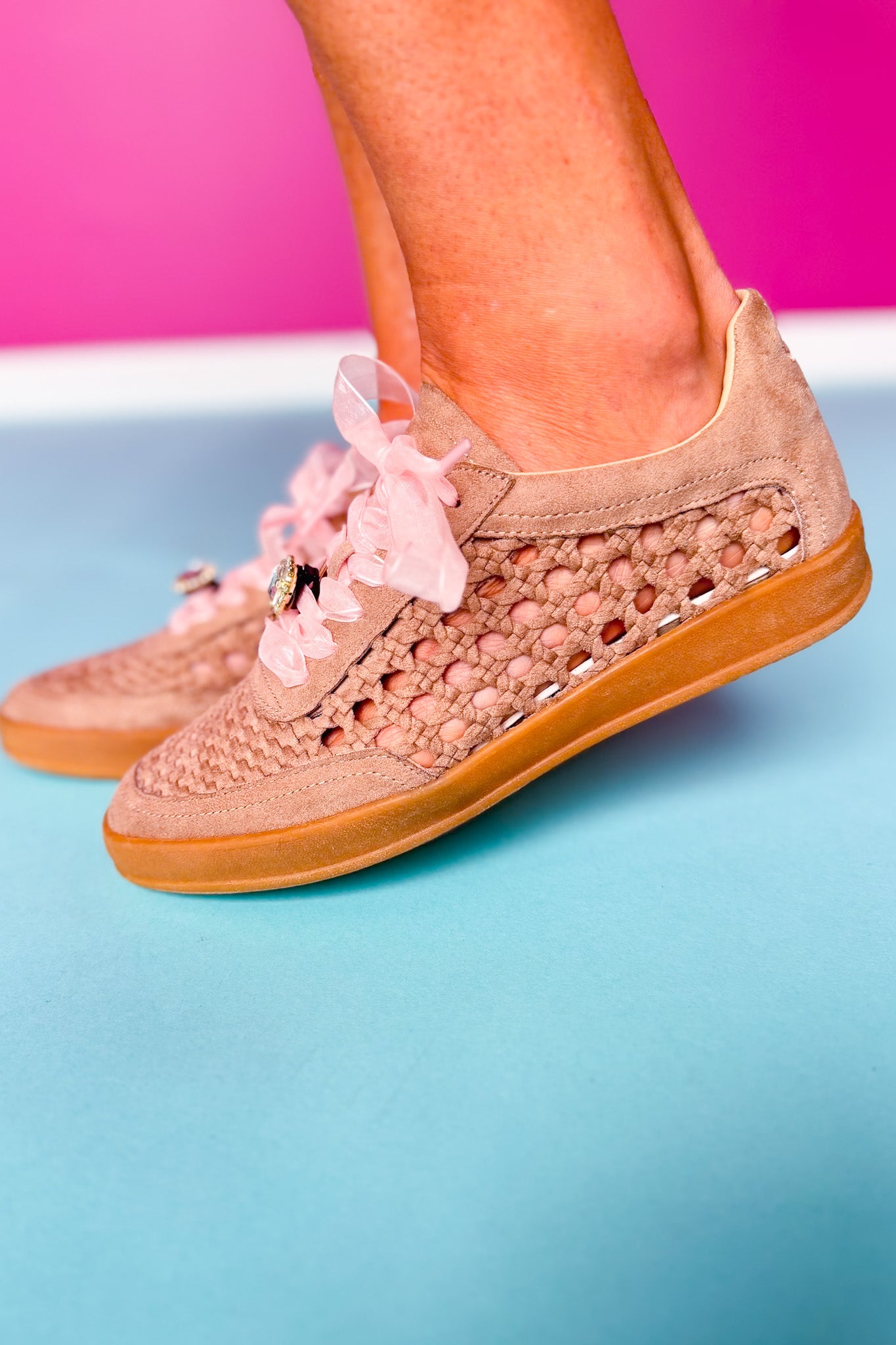 Beige Suede Woven Panel Sneakers *FINAL SALE*