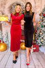 Red Velvet Mock Neck Padded Shoulder Midi Dress *FINAL SALE*