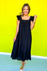 Black Frilled Cap Sleeve Square Neck Midi Dress