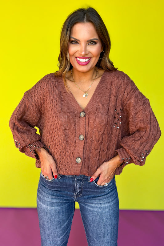 Brown Cable Knit Distressed Stud Embellished Cardigan