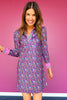 SSYS Maroon Pink Floral Puff Long Sleeve Collared Scuba Active Dress