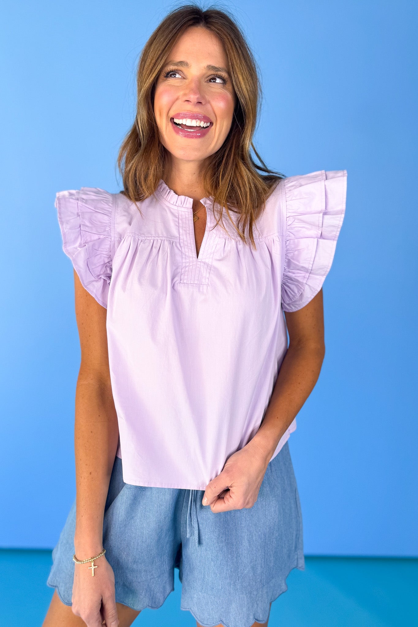 Lavender White Split Frill Neck Ruffle Layer Sleeve Top, v-neck, work top, church top, spring, summer, ssys by mallory fitzsimmons