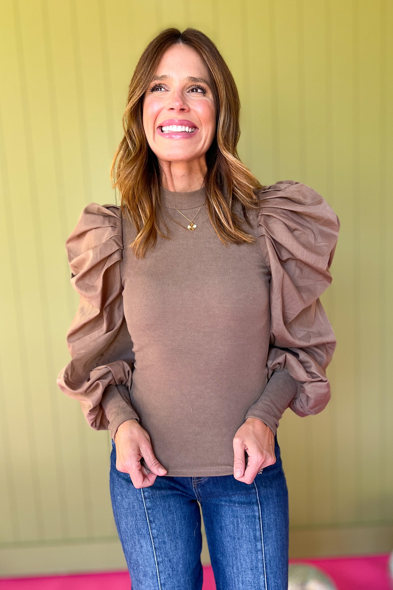 Brown Mock Neck Puff Sleeve Top *FINAL SALE*