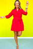 Red Textured V Neck Three Quarter Sleeve Belt Dress