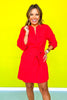 Red Textured V Neck Three Quarter Sleeve Belt Dress