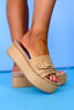 Tan Raffia Buckle Slip On Platform Sandals