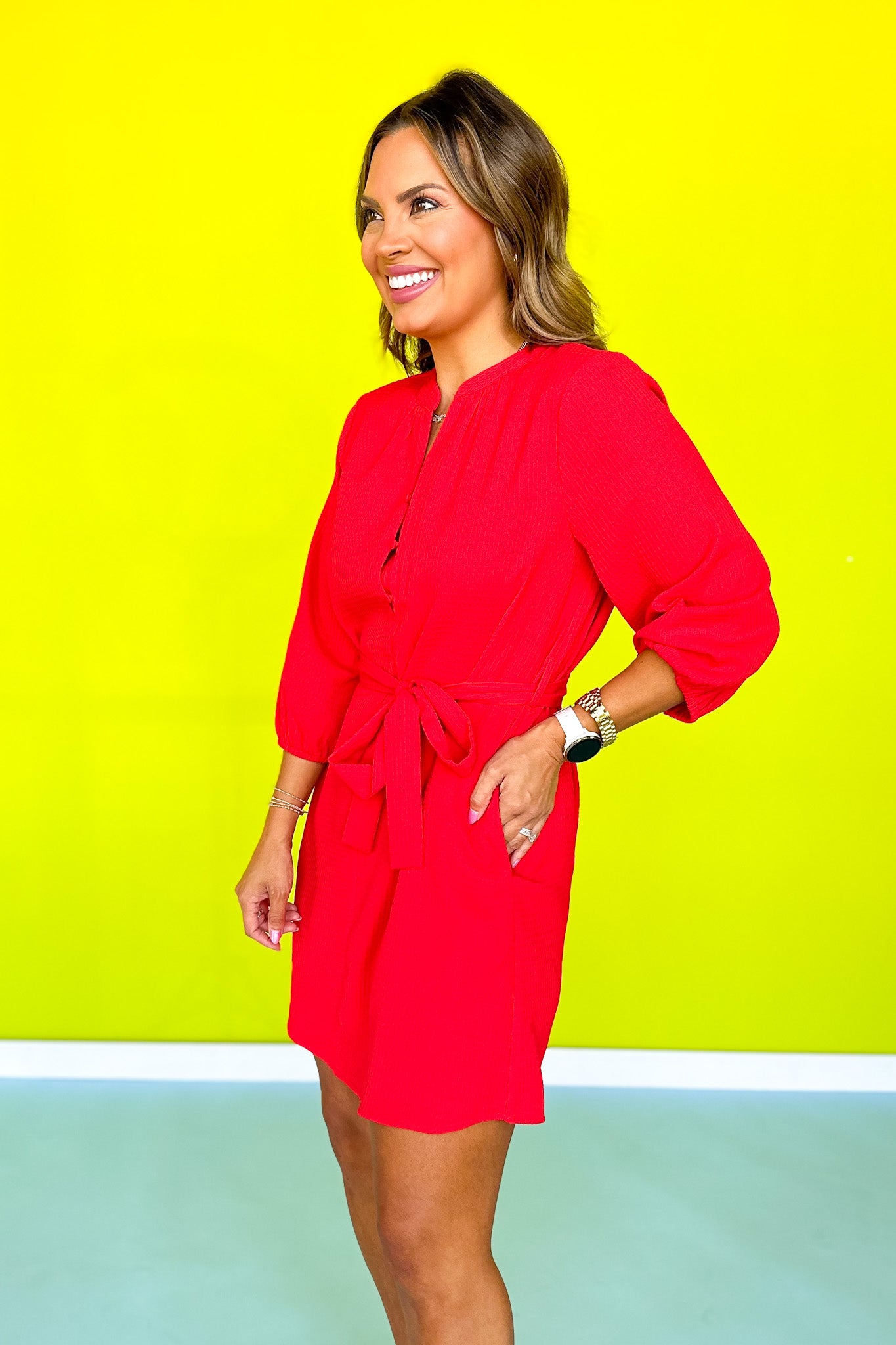 Red Textured V Neck Three Quarter Sleeve Belt Dress