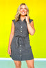 Grey Washed Button Down Tie Waist Dress