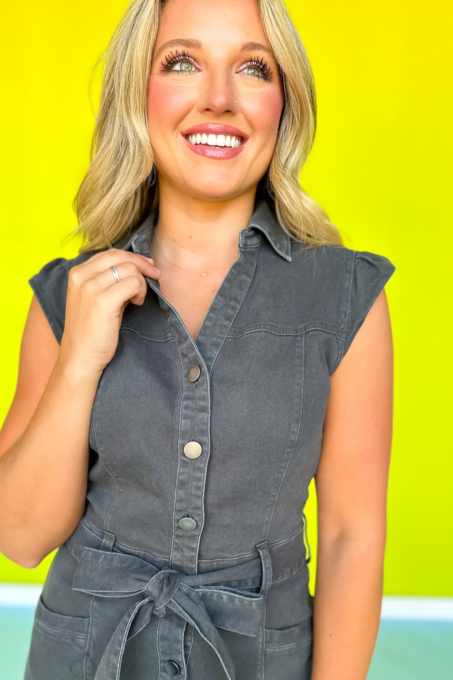 Grey Washed Button Down Tie Waist Dress