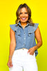 Denim Rhinestone Embellished Flutter Sleeve Top