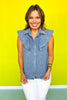 Denim Rhinestone Embellished Flutter Sleeve Top