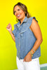 Denim Rhinestone Embellished Flutter Sleeve Top