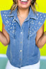 Denim Rhinestone Embellished Flutter Sleeve Top