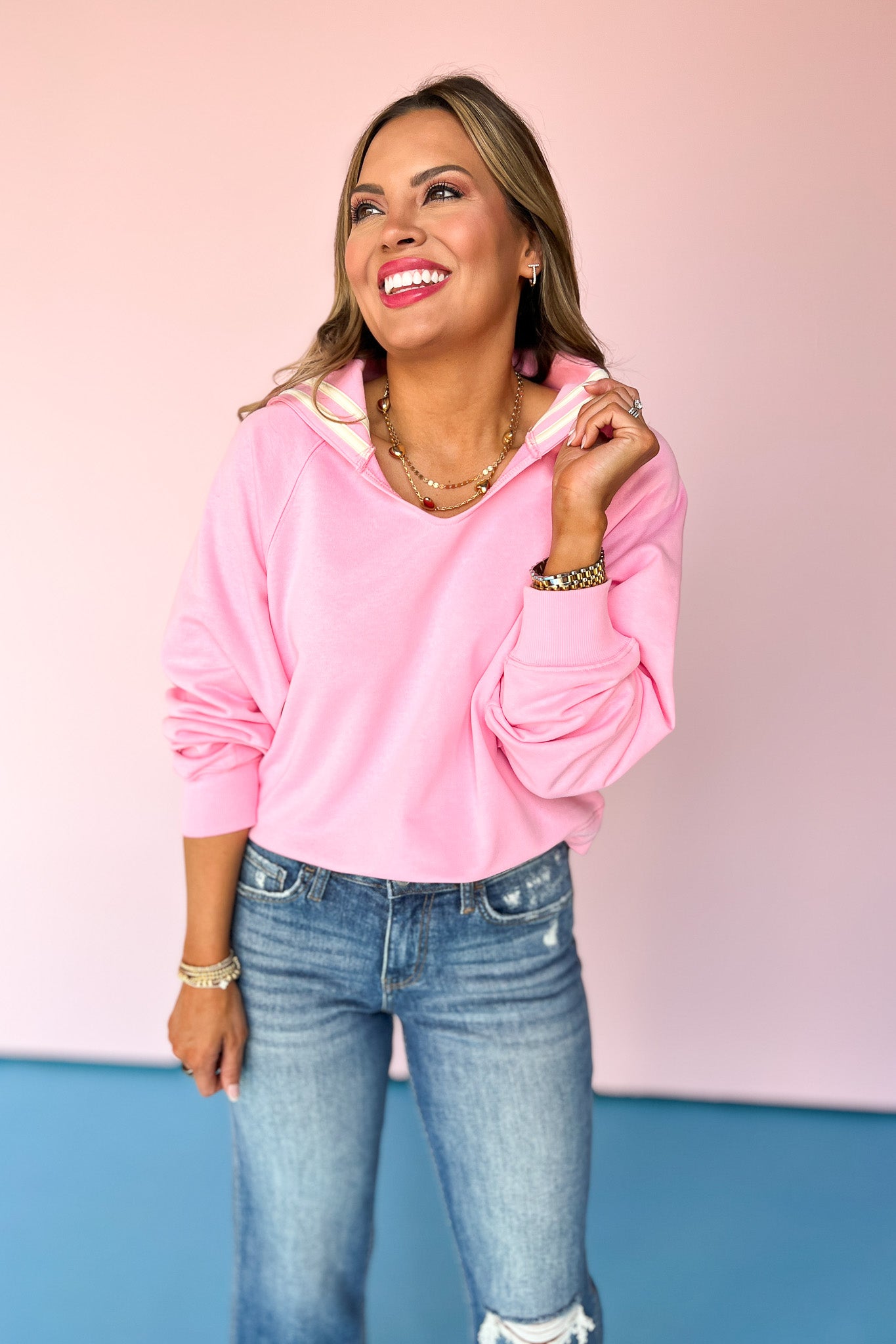 Pink Nautical Stripe Collar Sweatshirt Top, double striped pattern, v-neck, comfy, everyday wear, elevated sweatshirt, ssys by mallory fitzsimmons