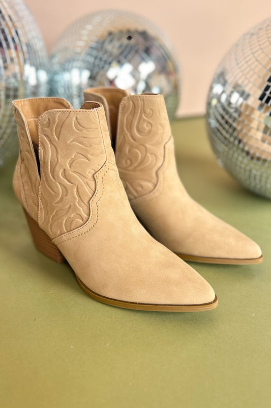  Tan Side Slit Western Pull On Booties, shoes, booties, fall booties, elevated booties, western booties, ssys by mallory fitzsimmons