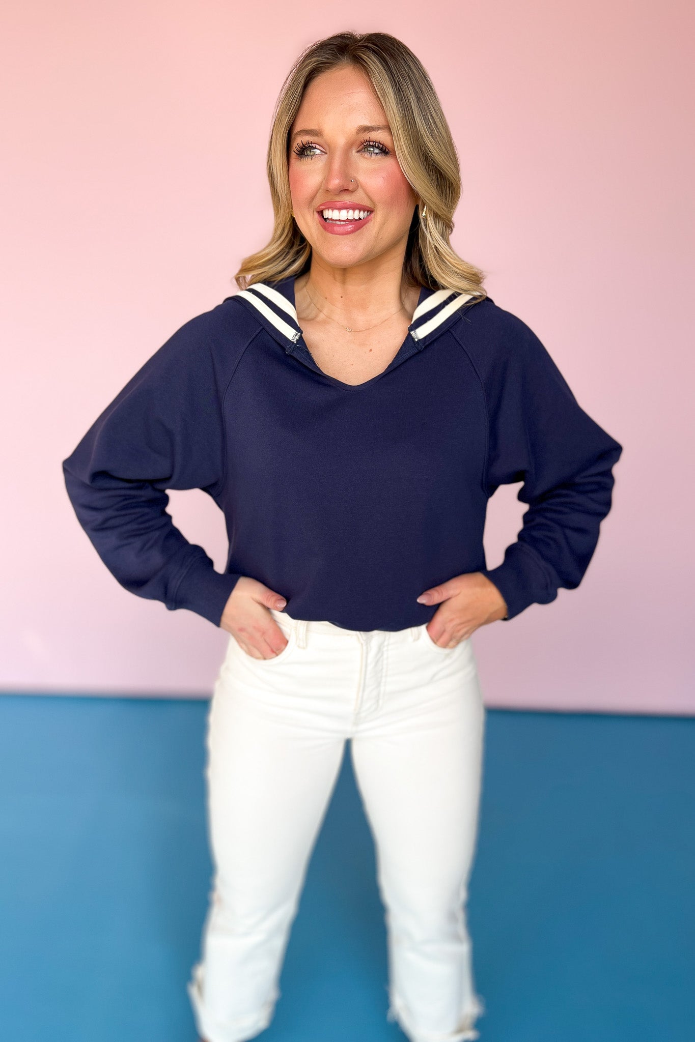 Navy Nautical Stripe Collar Sweatshirt Top, double striped pattern, v-neck, comfy, everyday wear, elevated sweatshirt, ssys by mallory fitzsimmons