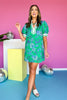 Green Floral Accent Contrast High Neck Band Collar Cuff Finish Dress
