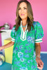 Green Floral Accent Contrast High Neck Band Collar Cuff Finish Dress