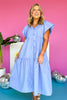 Blue Button Front Flutter Sleeve Midi Dress