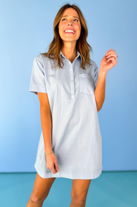 Blue Half Button Up Collar Front Pocket Short Sleeve Dress *FINAL SALE*, summer dress, spring dress, casual dress, comfortable, easy, versatile, ssys by mallory fitzsimmons